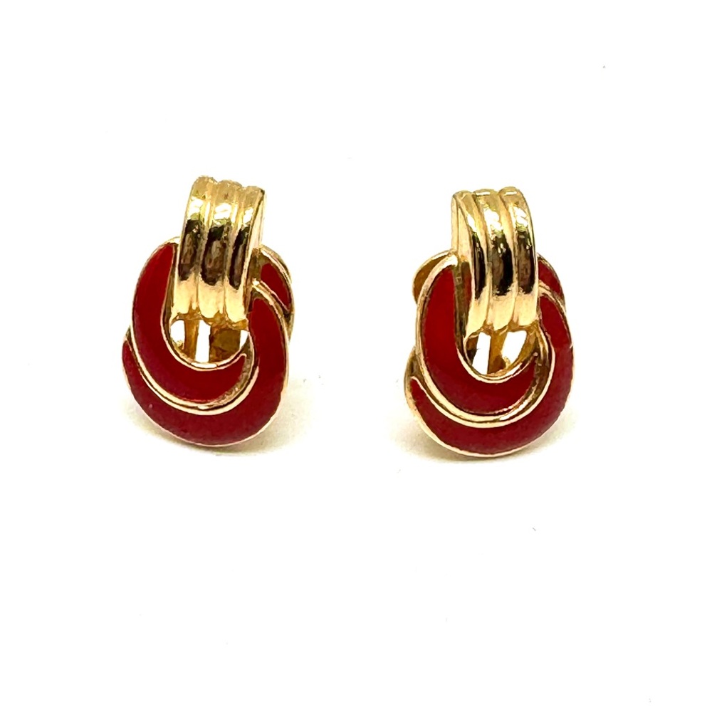 Vintage Goldtone Doorknocker Style Earrings Red Enamel Clip Ons
